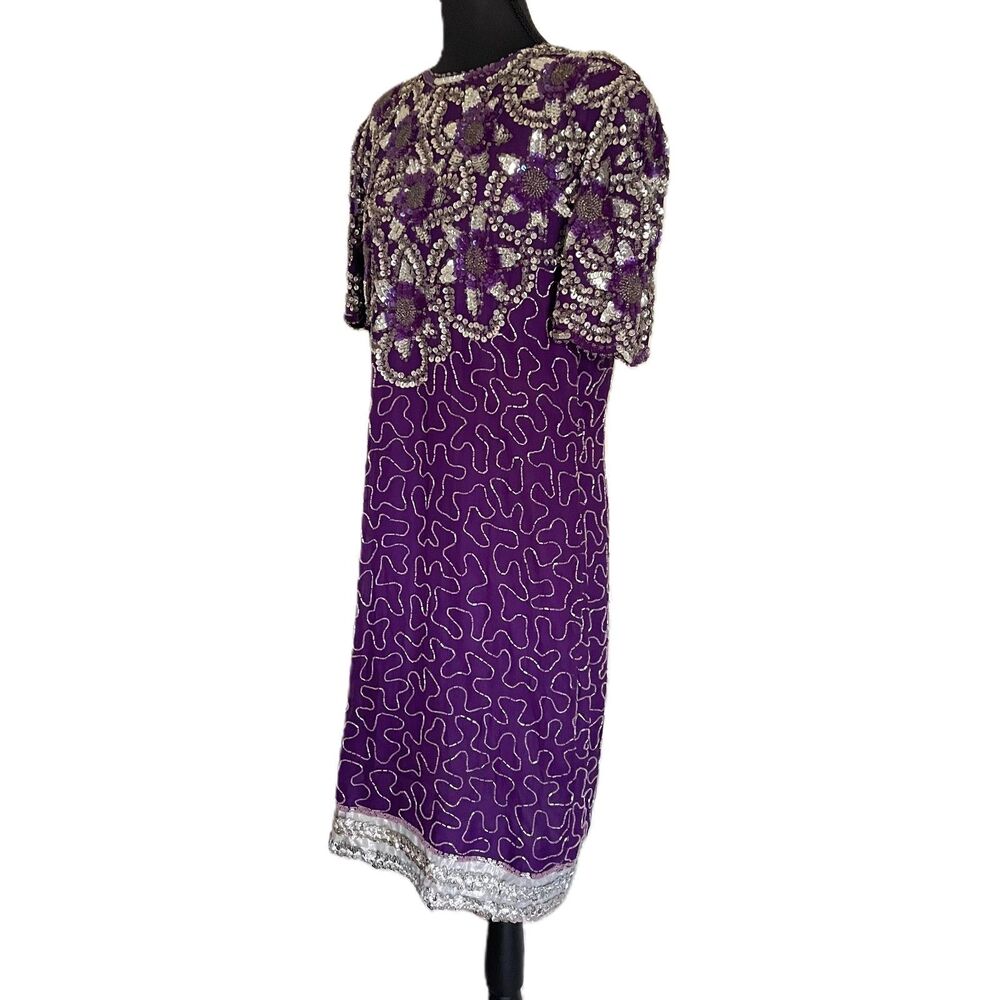 Night Vogue Vintage Purple Silk Beaded Sequin Cocktail Dress Womens L Trophy
